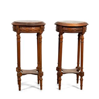 PAIR OF FRENCH MAHOGANY AND MARBLE PEDESTAL STANDS
