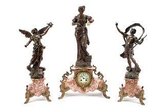 FIGURAL CLOCK GARNITURE SET WITH MARBLE BASES, 3PC