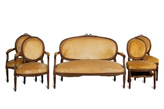 5 PC LOUIS XVI STYLE GOLD UPHOLSTERED PARLOR SET