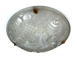 An Art Deco Muller Freres moulded glass plafonnier, the frosted glass bowl with stylised flowers and