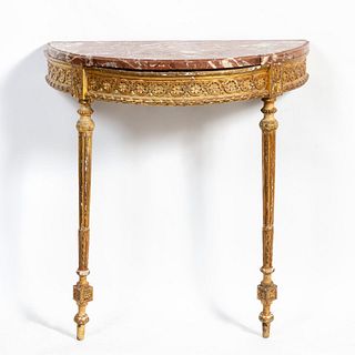 LOUIS XVI STYLE GILTWOOD MARBLE TOP DEMILUNE TABLE