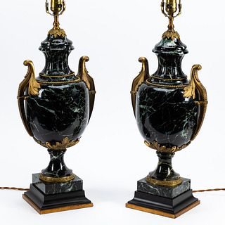 PAIR, LOUIS XVI-STYLE BRONZE MOUNTED MARBLE LAMPS