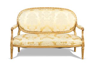 FRENCH LOUIS XVI STYLE SETTEE, DAMASK UPHOLSTERY