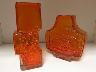 A Whitefriars drunken bricklayer vase and a TV vase, each in Tangerine (2) <br>