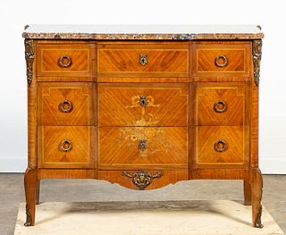 20TH C. LOUIS XV-STYLE FLORAL MARQUETRY COMMODE