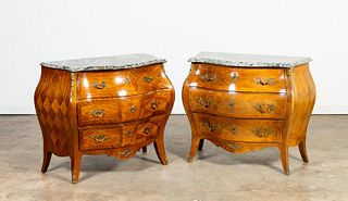 PR. LOUIS XV PARQUETRY MARBLE TOP BOMBE COMMODES