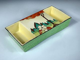 An unusual double-sided Clarice Cliff Limberlost pattern bowl, circa 1930, the slightly flared recta