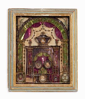 19TH C. CONTINENTAL FRAMED SEVEN SAINT RELIQUARY
