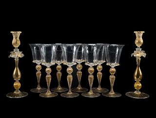 SET 8 MURANO GLASS GOBLETS & PAIR CANDLESTICKS