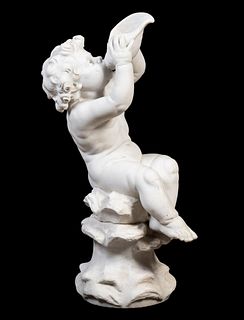 PUTTO & SHELL MARBLE FOUNTAIN SCULPTURE