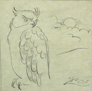 Bernard Leach (British, 1887-1979), Owl design, a pencil drawing on rice paper, signed lower right w