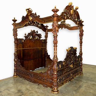 BAROQUE STYLE HIGHLY CARVED & GILT KING CANOPY BED