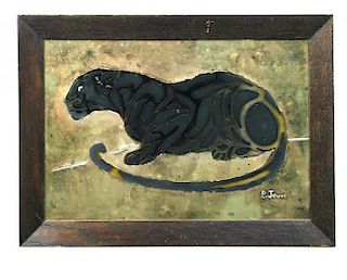 After Paul Jouve, a painting on glass of a panther, painted in black to a gilt background within an