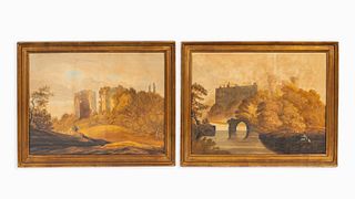 PAIR CONTINENTAL STYLE WATERCOLOR LANDSCAPES