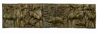 Seven mid 20th century fibreglass relief panels, fitting together to form a stylised boar hunting fr