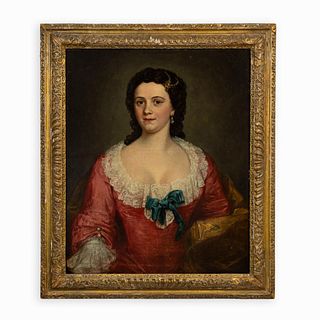 19TH C. LADY WITH BLUE BOW, OIL ON CANVAS PORTRAIT