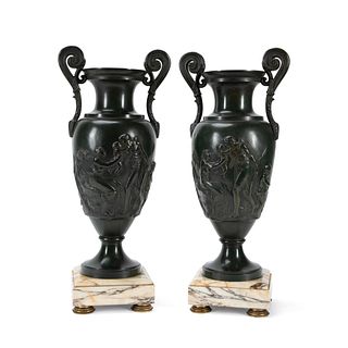 PR., GRAND TOUR-STYLE BRONZE-TONE URNS ON BASES