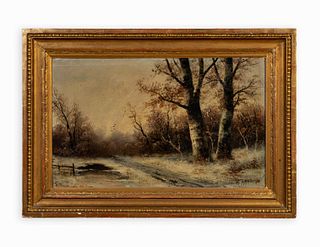 19TH C. CONTINENTAL "FALL FOREST LANDSCAPE" O/C