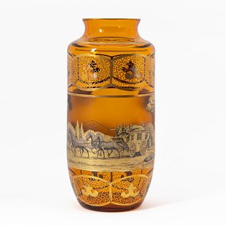 MOSER STYLE AMBER GLASS VASE, STAGECOACH SCENE