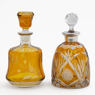TWO BOHEMIAN AMBER CUT-TO-CLEAR DECANTERS