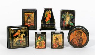 7 SIGNED RUSSIAN LACQUER BOXES, RELIGIOUS MOTIF