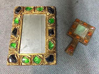 A Line Vautrin style wall mirror and hand mirror, each with gold painted frames and inset coloured p