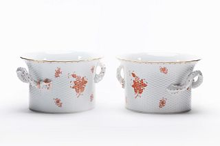 PAIR, HEREND RUST CHINESE BOUQUET CACHE POTS