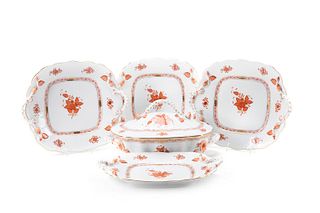 5PC RUST CHINESE BOUQUET, CAKE PLATES & TUREEN