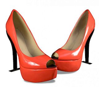 A very large pair of fibreglass stiletto platform peep toe 'shoes', probably ex shop display, each i