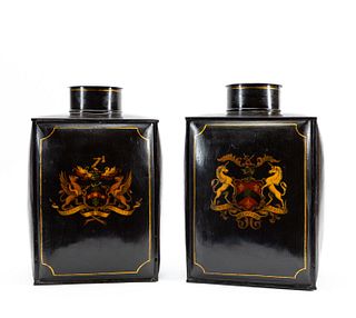 PR. OF BLACK TOLE ARMORIAL DECORATED TEA CANISTERS