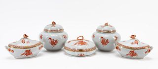 5PC HEREND RUST CHINESE BOUQUET, CANDY & JARS