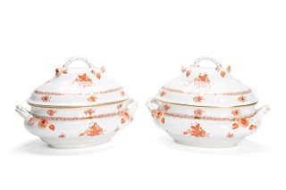 PAIR, HEREND RUST CHINESE BOUQUET LIDDED TUREENS