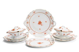 6PC RUST CHINESE BOUQUET, PLATTERS & GRAVY BOATS