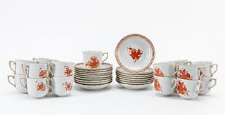 34PC HEREND RUST "CHINESE BOUQUET", CUPS & SAUCERS