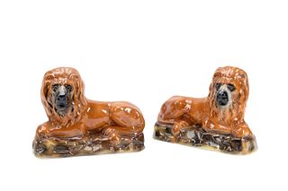 PAIR OF STAFFORDSHIRE LIONS, W/ GLASS EYES
