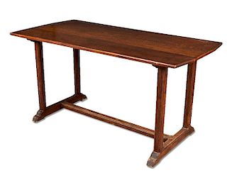 Attributed to Gordon Russell, an oak refectory dining table, the shaped rectangular top with double