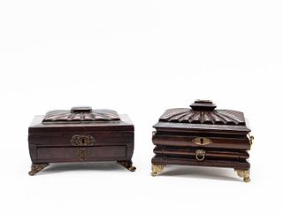 TWO REGENCY TOOLED MOROCCAN LEATHER WORK BOXES