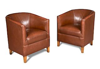 A pair of Art Deco style leather tub chairs, the rounded backs and upholstered seats in conker brown