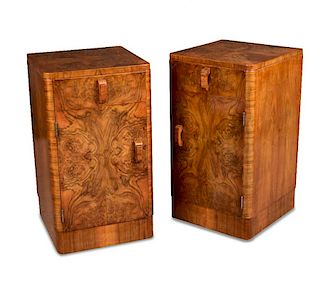 A pair of Art Deco walnut bedside cupboards, each with single drawer above cupboard base 66 x 36½ x