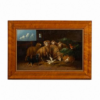 BARNYARD WITH RAMS & DOG, O/C, SIGNED S. COOPER