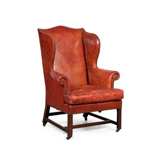 GEORGIAN STYLE BROWN LEATHER WINGBACK ON CASTERS