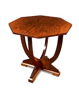 An Art Deco walnut lamp table, the octagonal top supported on twin U-shaped base and stepped feet, b