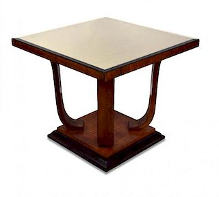 An Art Deco walnut centre table, the tinted, bevelled glass square top supported on four shaped legs
