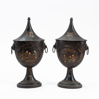 19TH C. CHINOISERIE DECORATED PEWTER CHESTNUT URNS