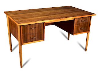 A mid-20th century palisander wood desk, the rectangular top with two suspended drawers to either si