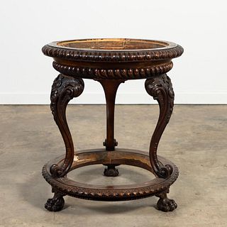 L. 19TH C. ROUND CARVED WOOD TWO TIER TABLE