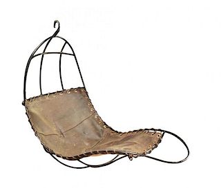 Attributed to Rupert Oliver, a 1960s hanging lounge chair, the plastic coated iron frame with laced