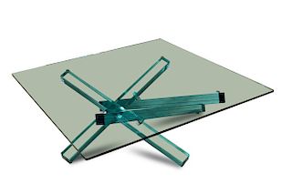 A contemporary glass coffee table, the square top supported on four criss-crossed square section gla