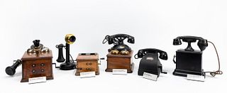 FIVE ANTIQUE TELEPHONES & PHONE ACCESSORIES
