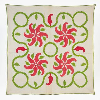FINELY QUILTED FEATHER AND OAK LEAF APPLIQUE QUILT